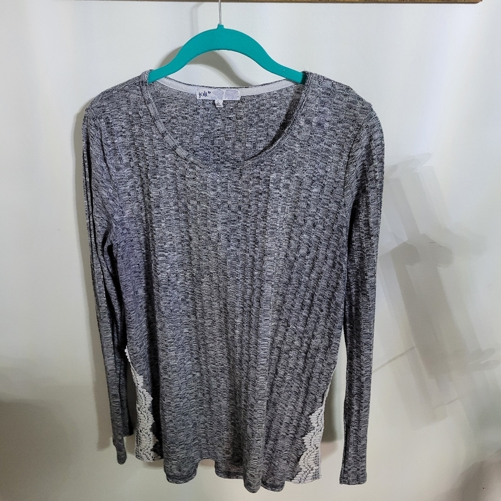 Jolt Women's Gray Ribbed Long-Sleeve Top with Cream Lace Side Panels, Size L